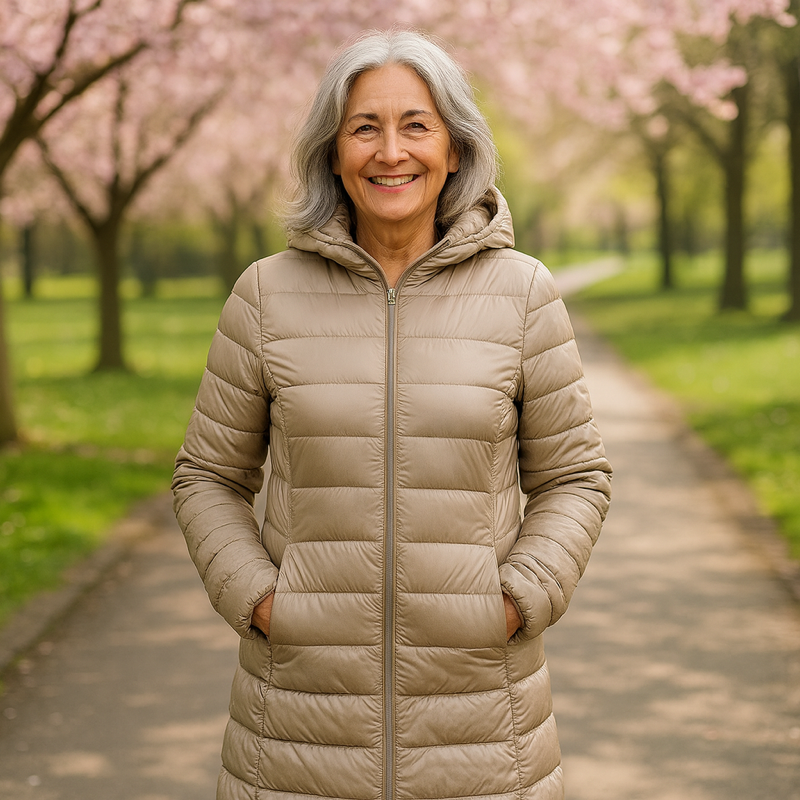Woman wearing a champagne long padded jacket