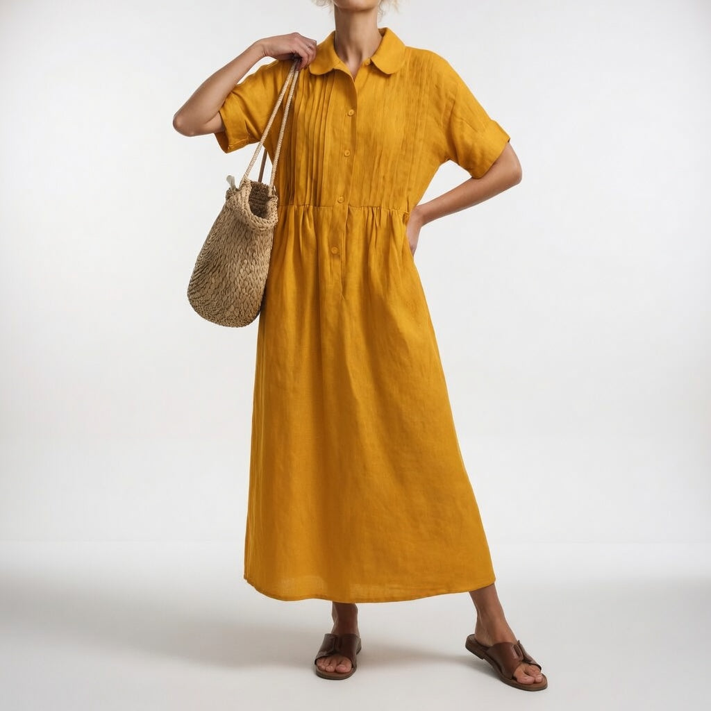 Long cotton shirt dress with button front and collar