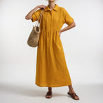 Long cotton shirt dress with button front and collar