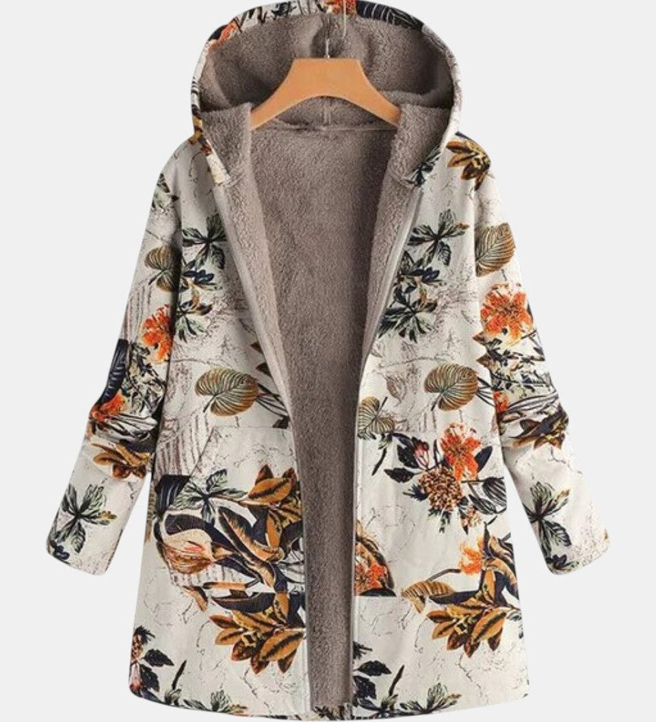 Florentyna boho floral sherpa printed hooded coat - flat lay showing sherpa-lined hood