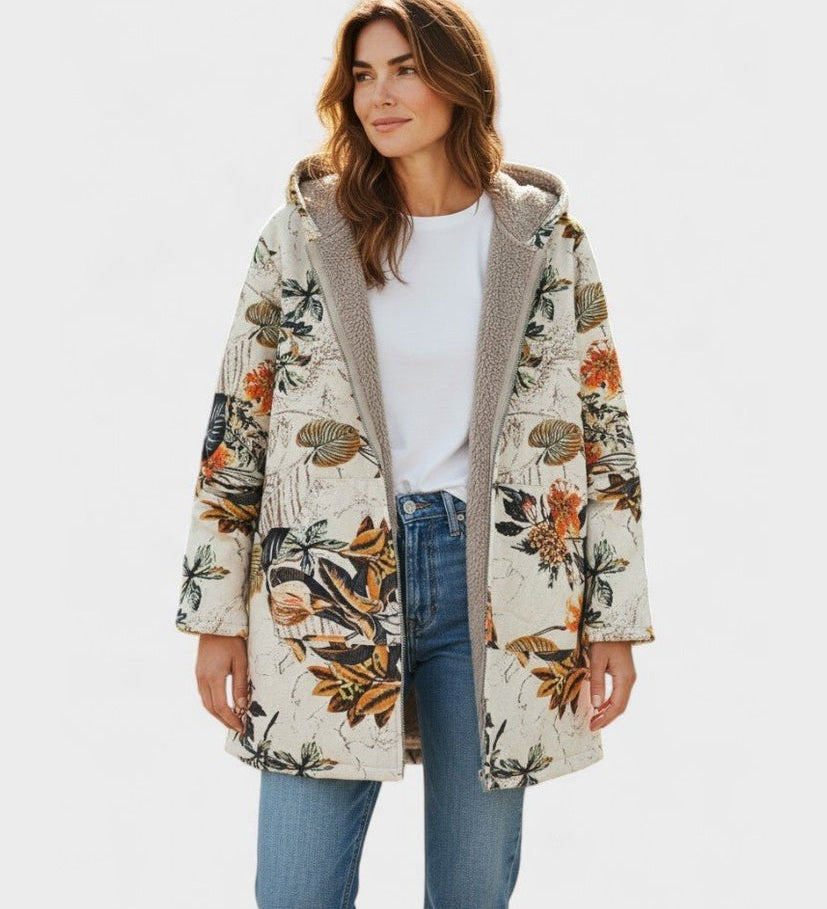 Florentyna boho floral sherpa printed hooded coat - front view on model