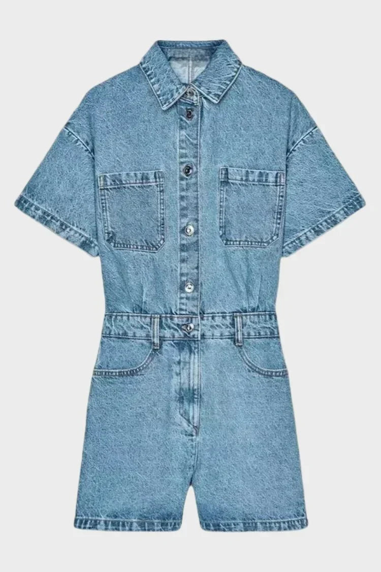Woman wearing a tailored button-front denim dress