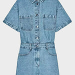 Woman wearing a tailored button-front denim dress
