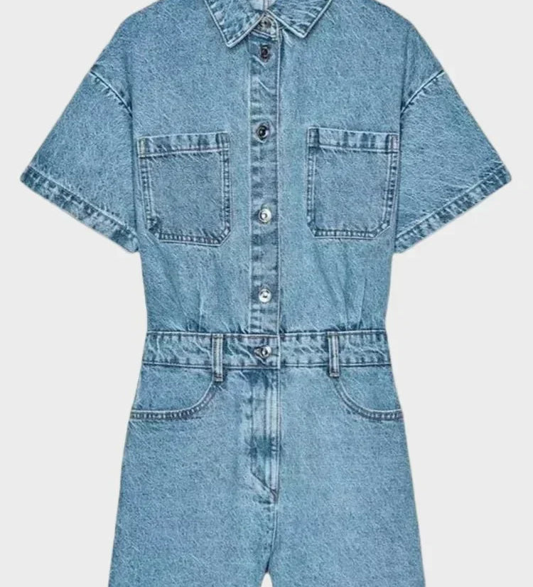 Woman wearing a tailored button-front denim dress