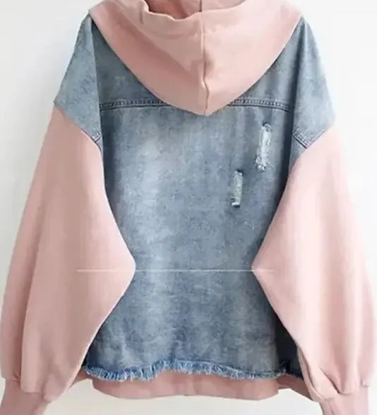 Two-tone denim jacket with hood and front pockets