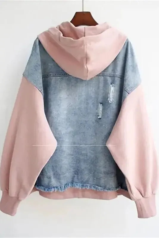 Two-tone denim jacket with hood and front pockets