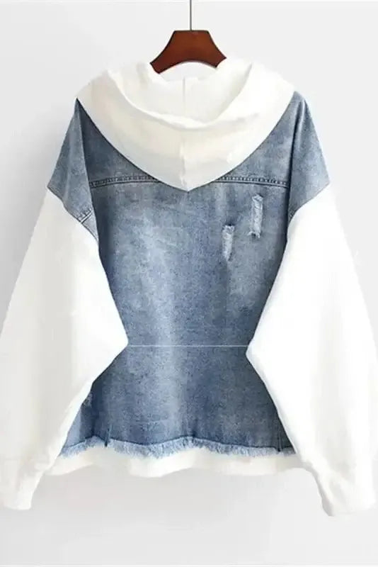 Two-tone denim jacket with hood and front pockets