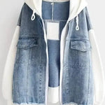 Two-tone denim jacket with hood and front pockets