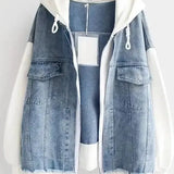 Two-tone denim jacket with hood and front pockets