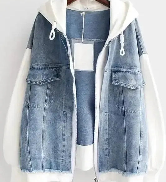 Two-tone denim jacket with hood and front pockets