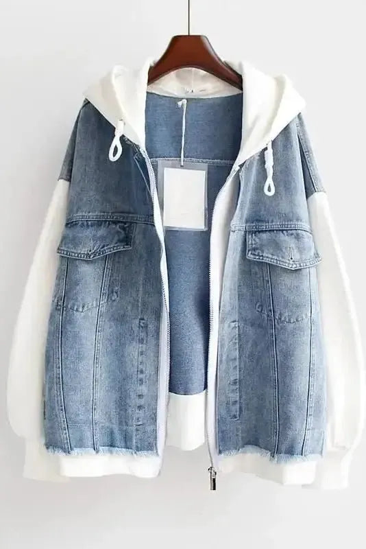 Two-tone denim jacket with hood and front pockets