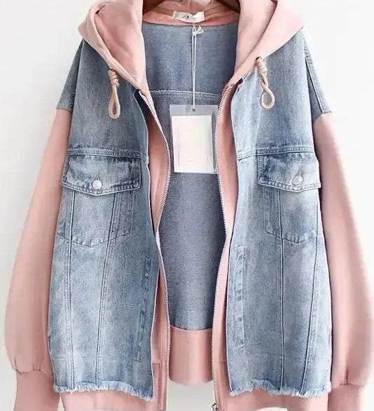 Two-tone denim jacket with hood and front pockets