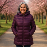 Woman wearing a purple long padded jacket