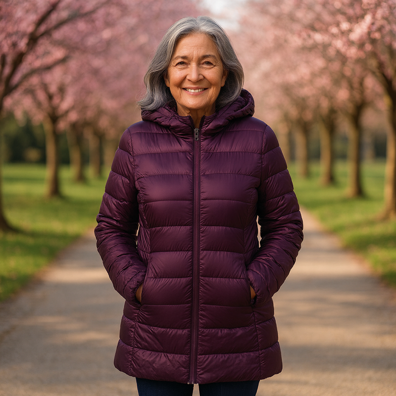 Woman wearing a purple long padded jacket