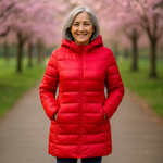 Woman wearing a red long padded jacket