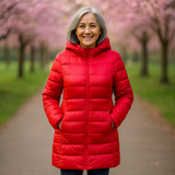Woman wearing a red long padded jacket
