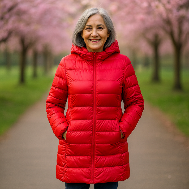 Woman wearing a red long padded jacket
