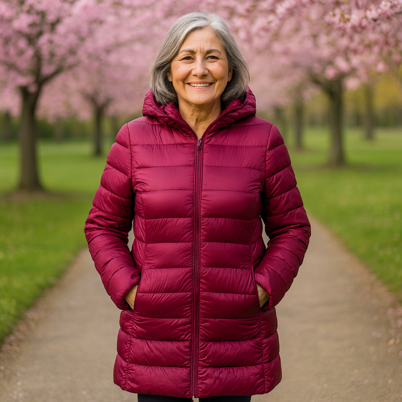 Woman wearing a dark red long padded jacket