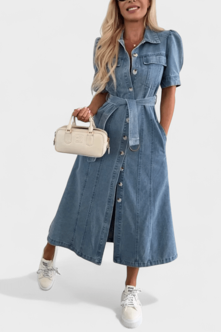 Woman wearing a midi button-front shirt dress with a tie belt