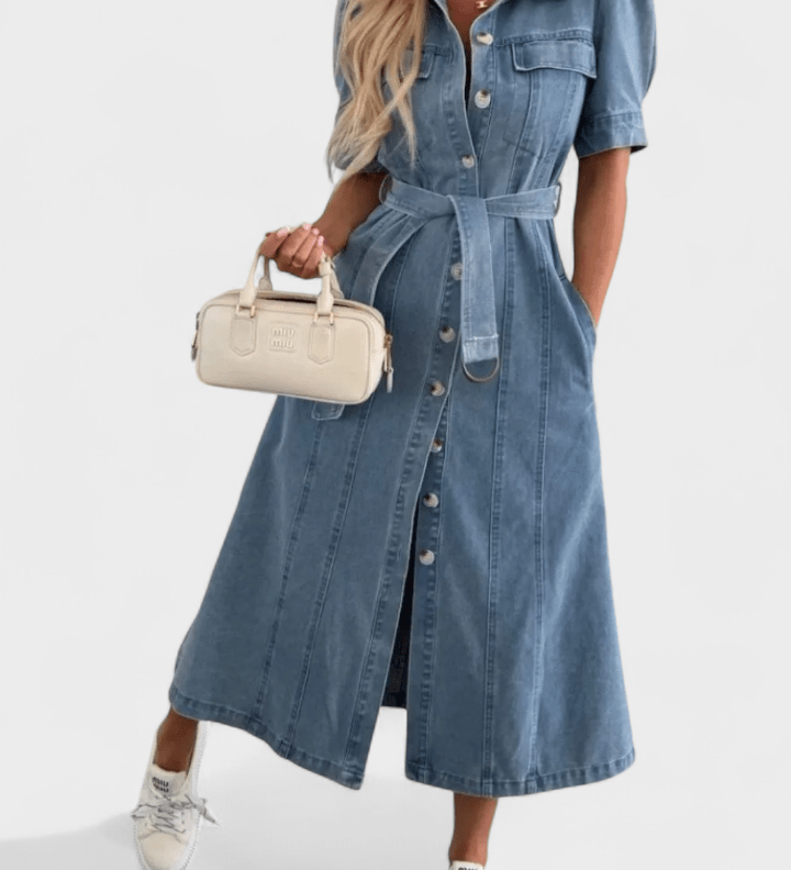 Woman wearing a midi button-front shirt dress with a tie belt