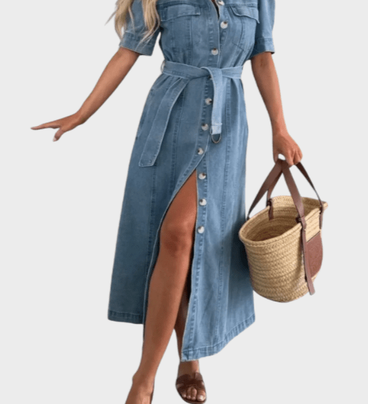 Woman wearing a midi button-front shirt dress with a tie belt