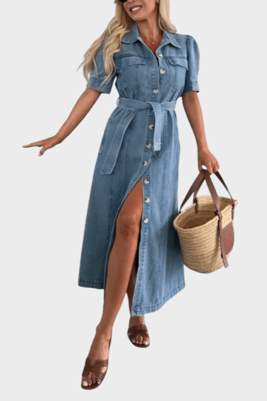 Woman wearing a midi button-front shirt dress with a tie belt
