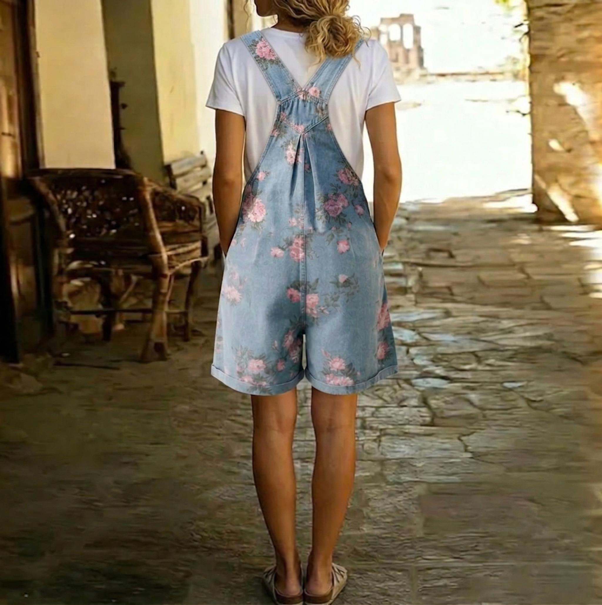 Woman wearing a floral-print denim jumpsuit