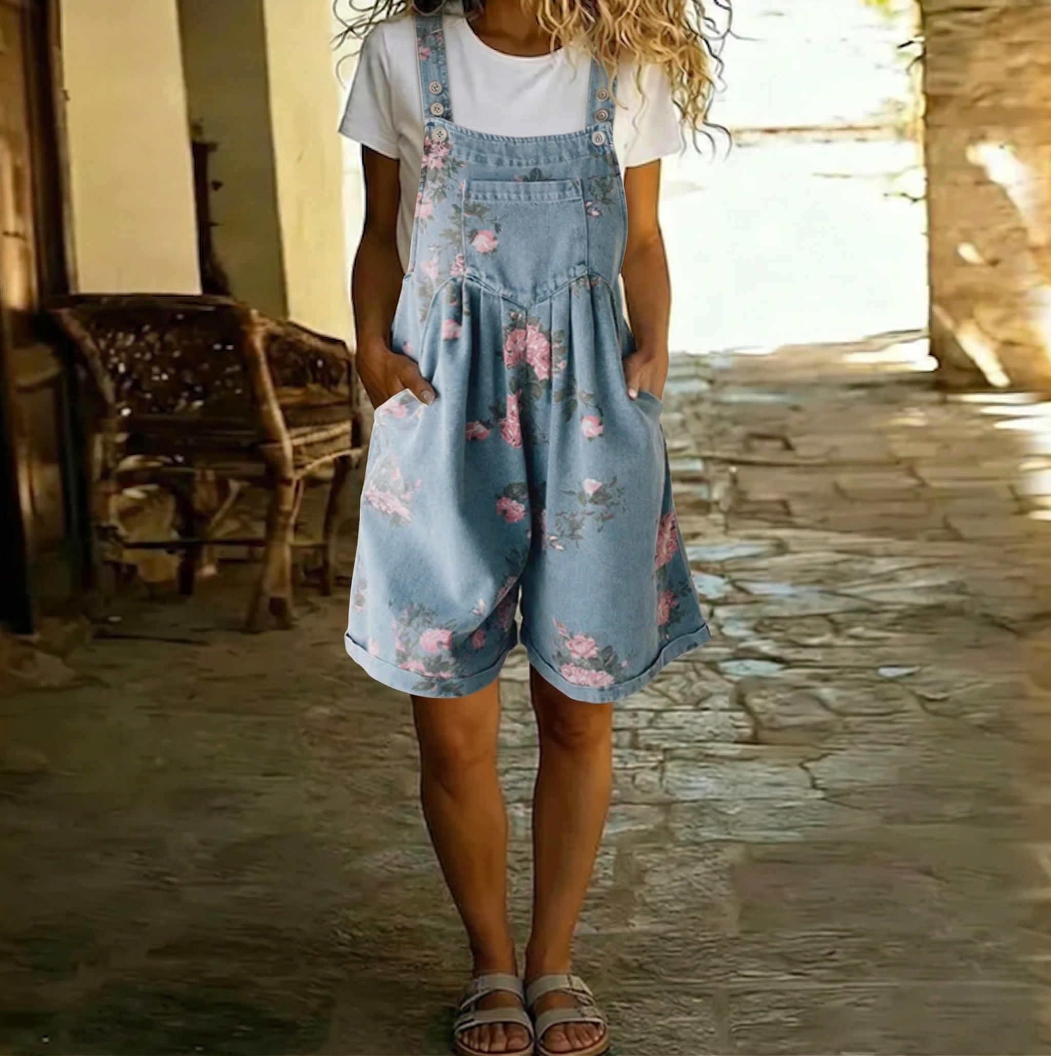 Woman wearing a floral-print denim jumpsuit