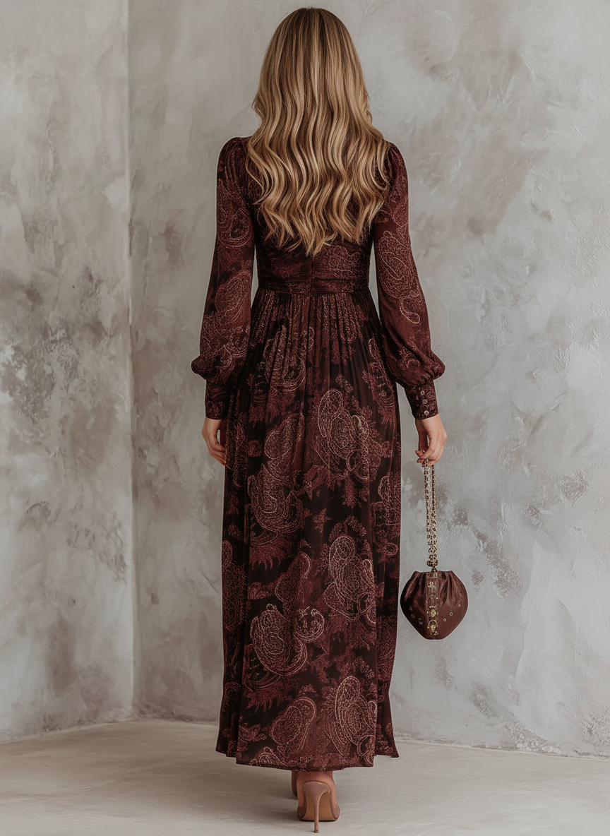 Woman wearing a paisley print zip-waist maxi dress