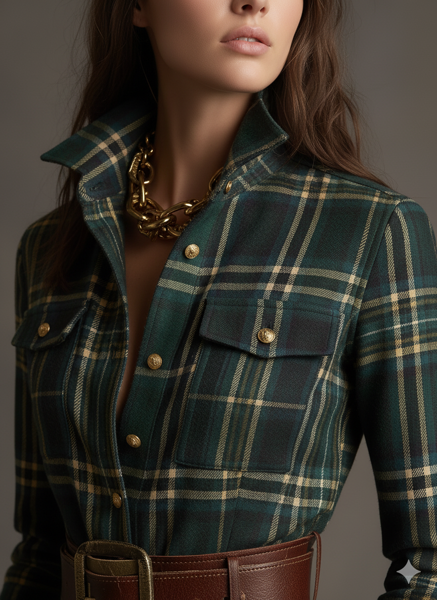 Woman wearing a belted plaid shirt dress with structured collar and flared skirt