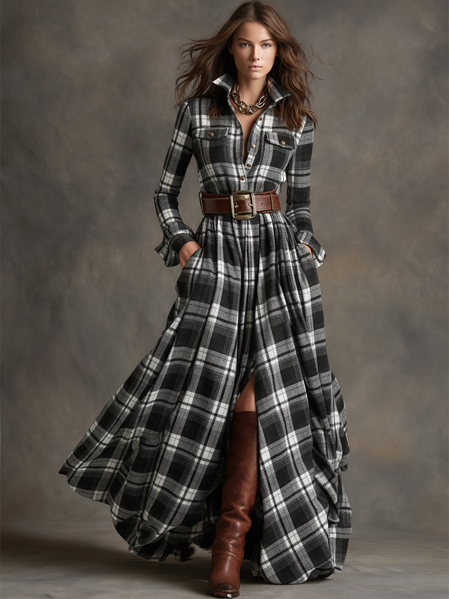 Woman wearing a belted plaid shirt dress with structured collar and flared skirt