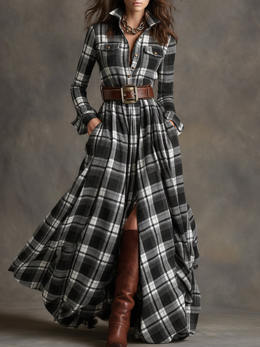 Woman wearing a belted plaid shirt dress with structured collar and flared skirt