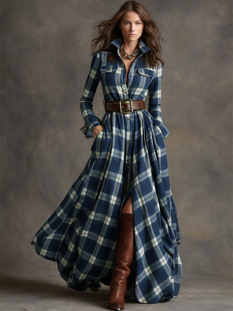 Woman wearing a belted plaid shirt dress with structured collar and flared skirt