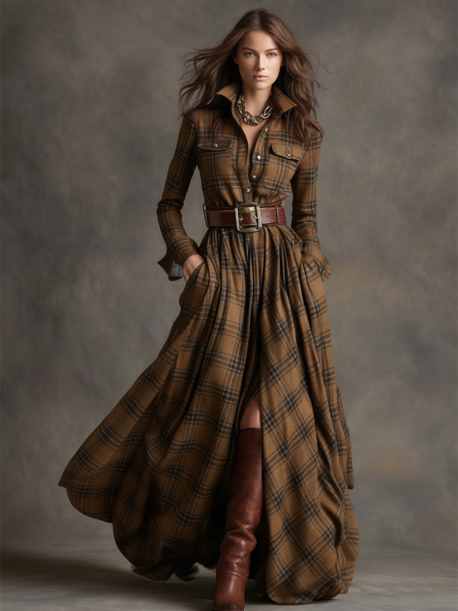 Woman wearing a belted plaid shirt dress with structured collar and flared skirt