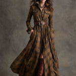 Woman wearing a belted plaid shirt dress with structured collar and flared skirt