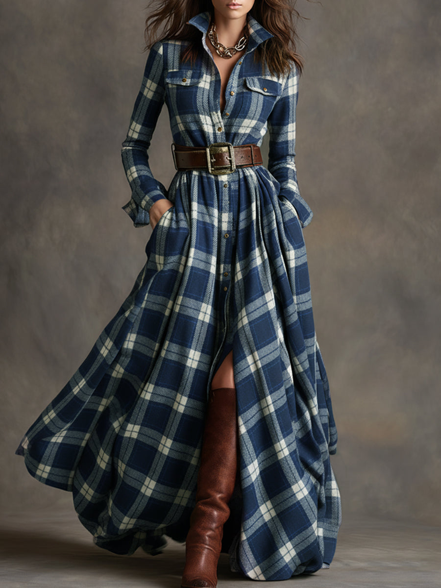Woman wearing a belted plaid shirt dress with structured collar and flared skirt