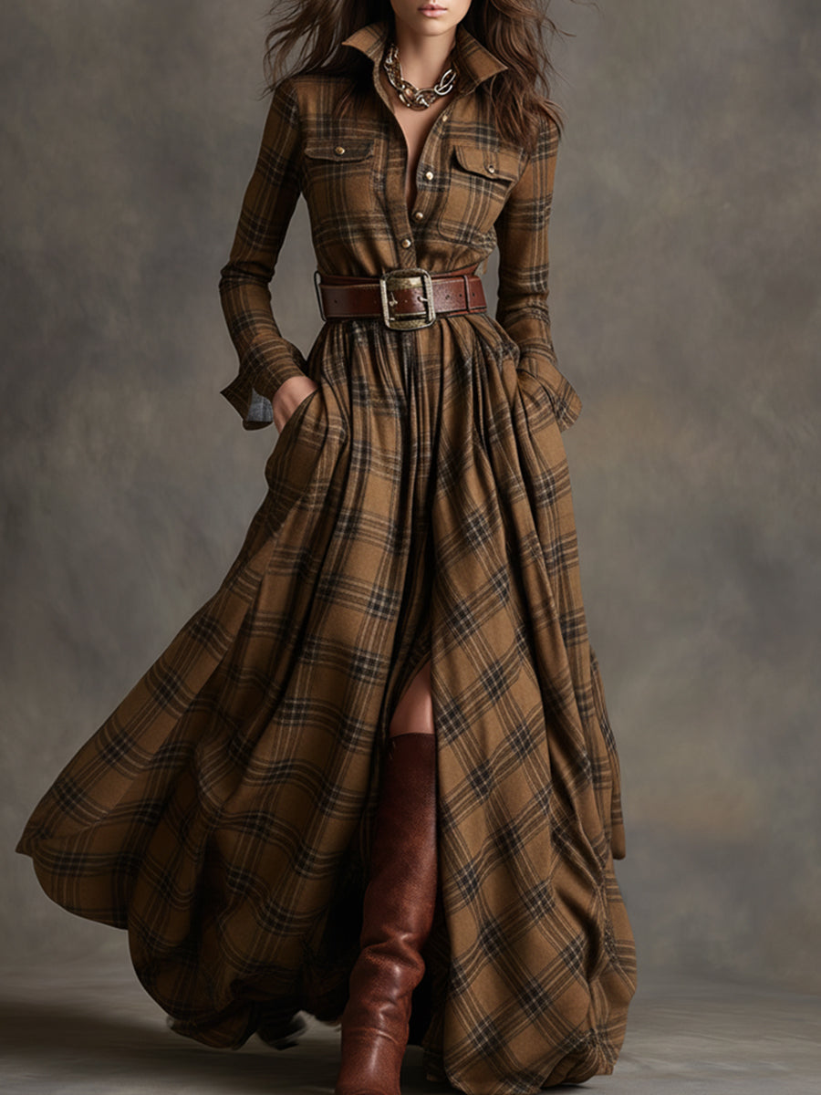 Woman wearing a belted plaid shirt dress with structured collar and flared skirt