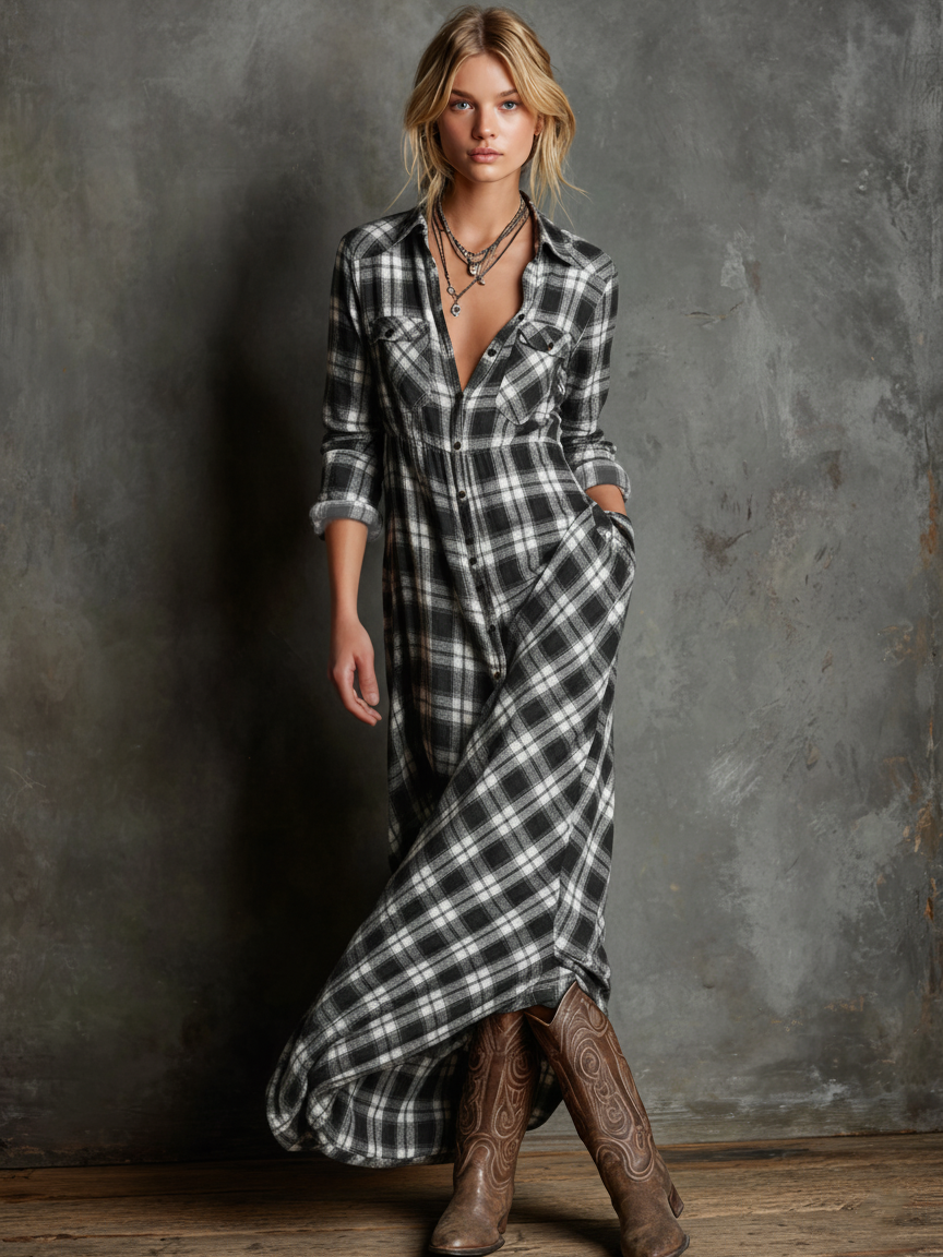 Woman wearing a full-length green plaid shirt dress with long sleeves