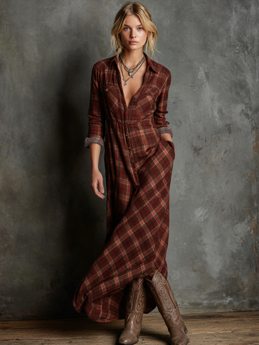 Woman wearing a full-length green plaid shirt dress with long sleeves
