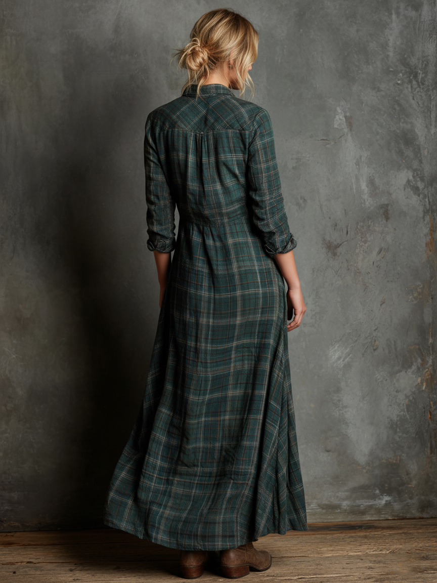 Woman wearing a full-length green plaid shirt dress with long sleeves