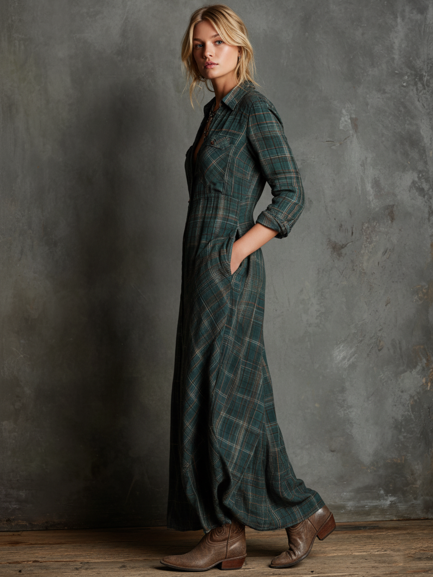 Woman wearing a full-length green plaid shirt dress with long sleeves