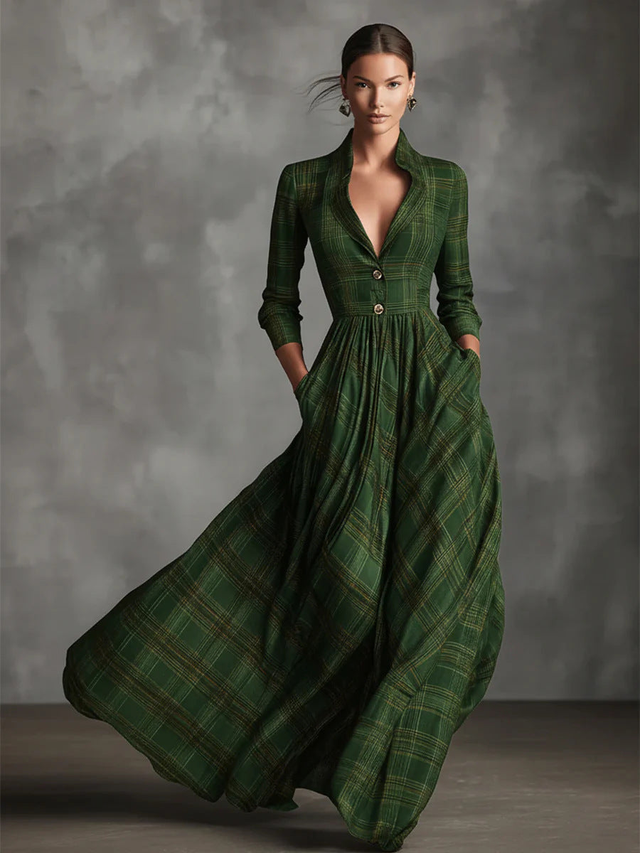 Woman wearing a vintage plaid shirt dress with full skirt
