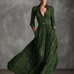 Woman wearing a vintage plaid shirt dress with full skirt