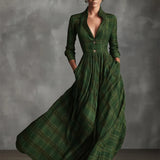 Woman wearing a vintage plaid shirt dress with full skirt
