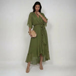 Woman wearing a V-neck chiffon dress