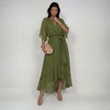 Woman wearing a V-neck chiffon dress