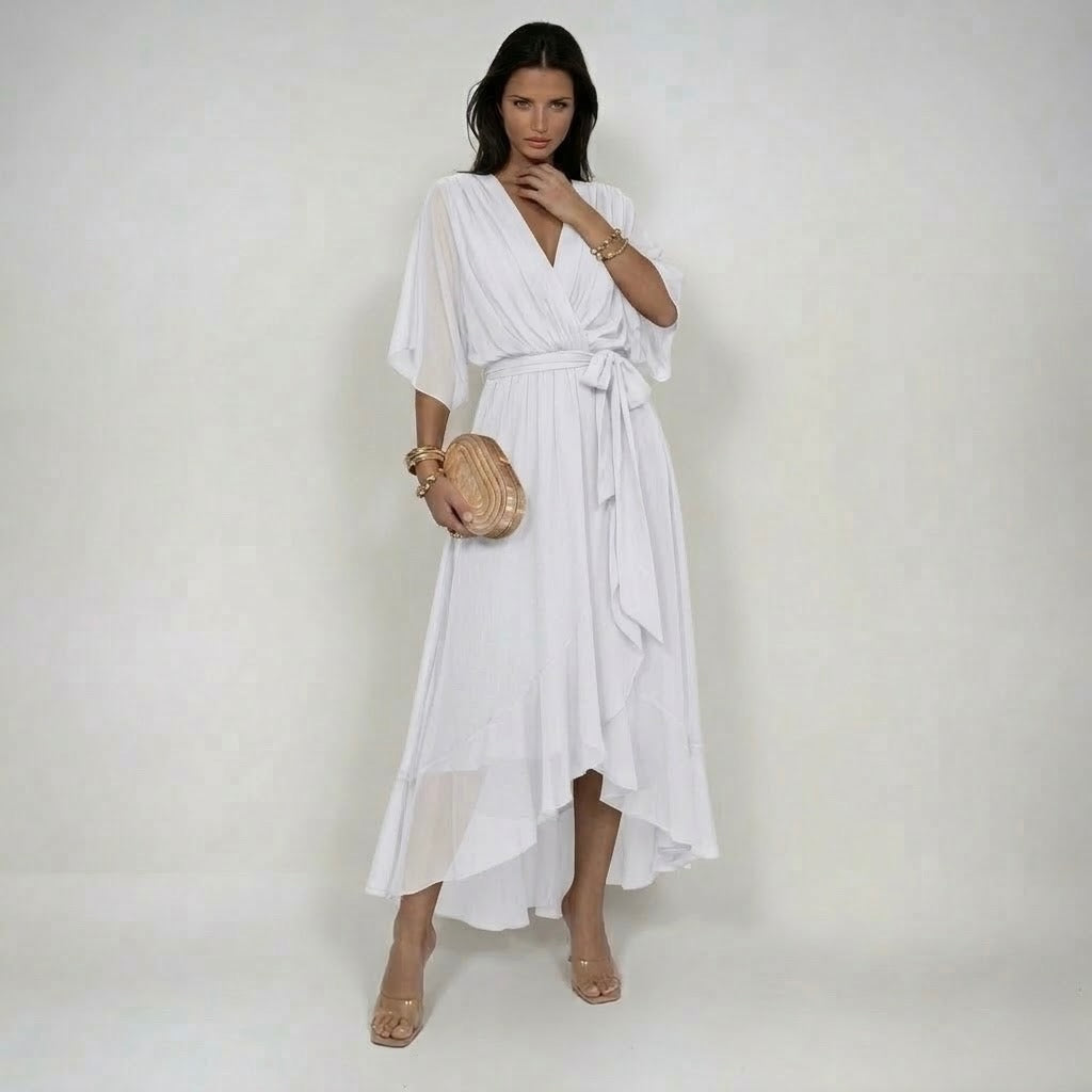 Woman wearing a V-neck chiffon dress