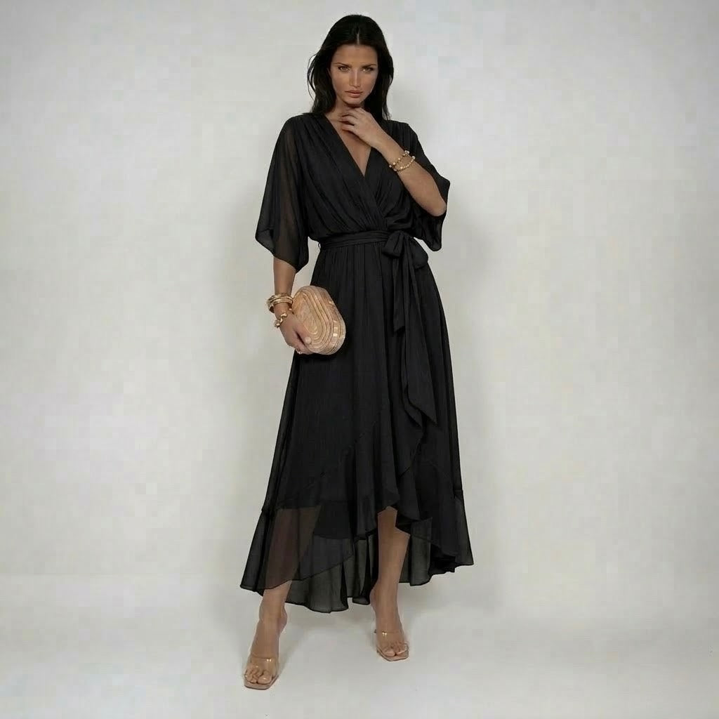 Woman wearing a V-neck chiffon dress