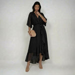 Woman wearing a V-neck chiffon dress