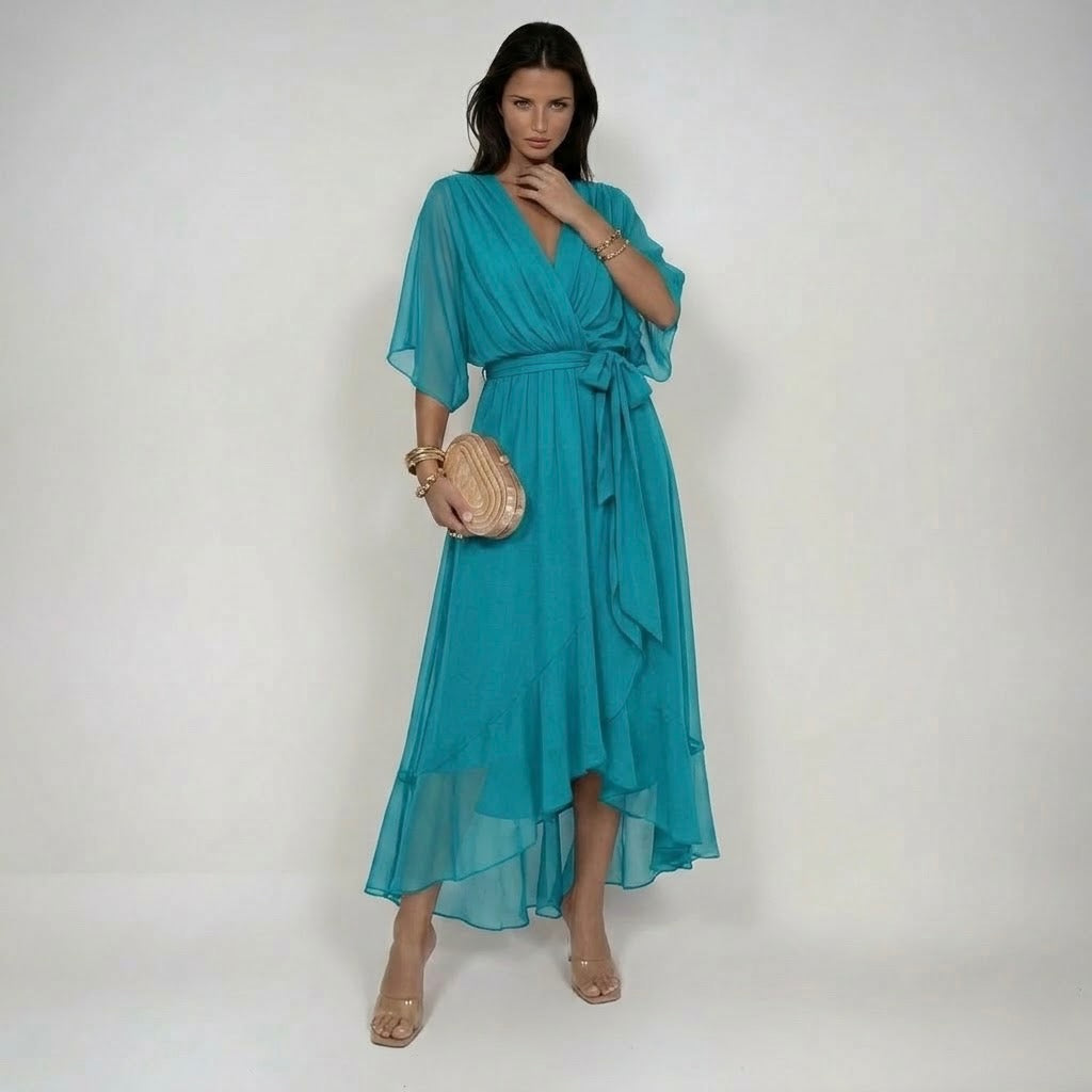 Woman wearing a V-neck chiffon dress